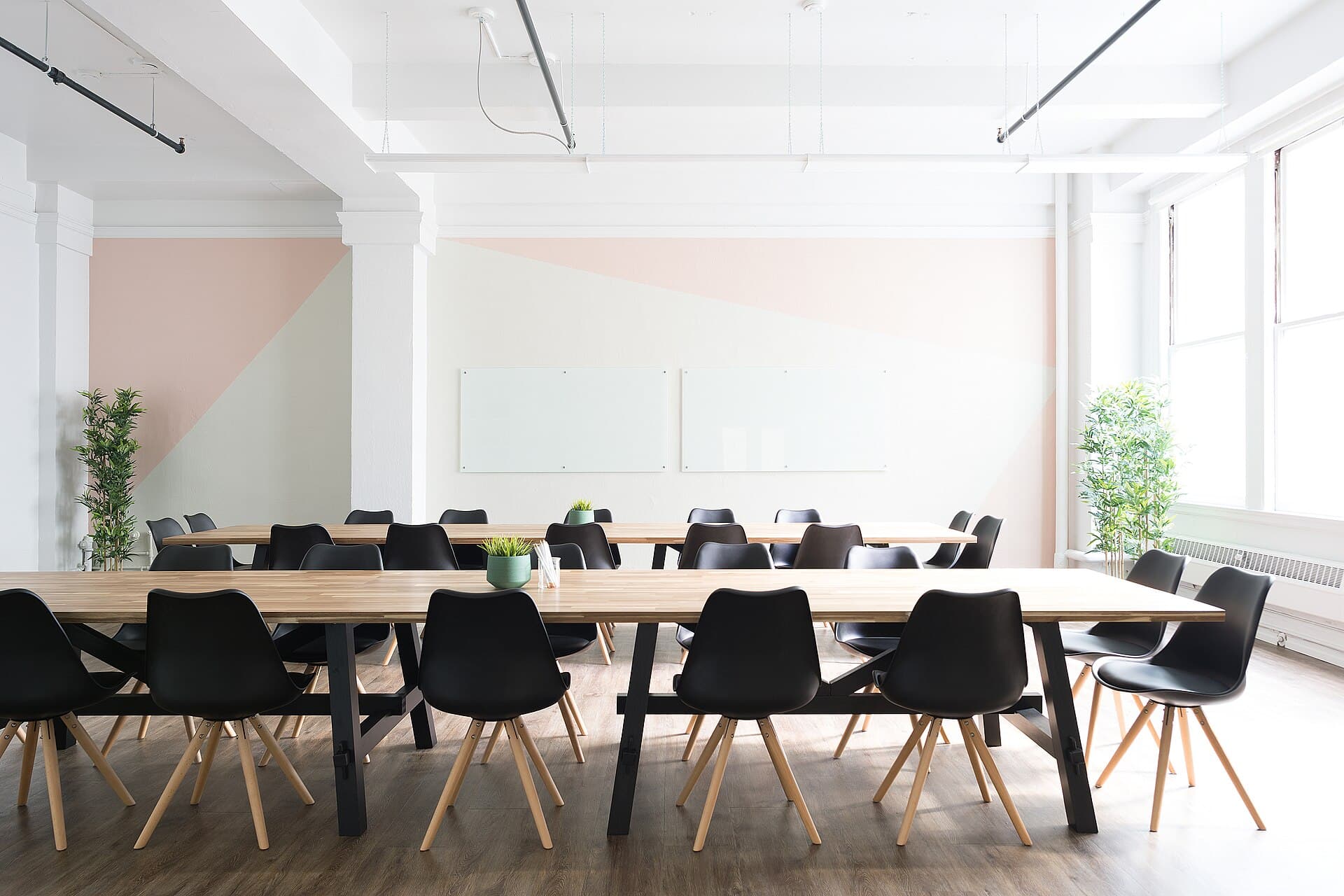 Large bright meeting room with a long table